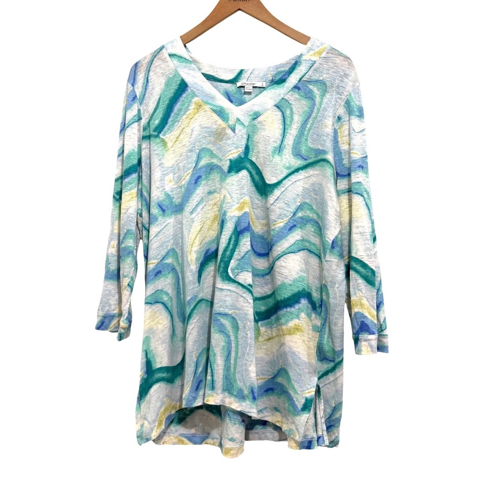 Chico's Linen‎ Tunic Top Women's XL Marble Swirl V-Neck 3/4 Sleeve Coastal Artsy